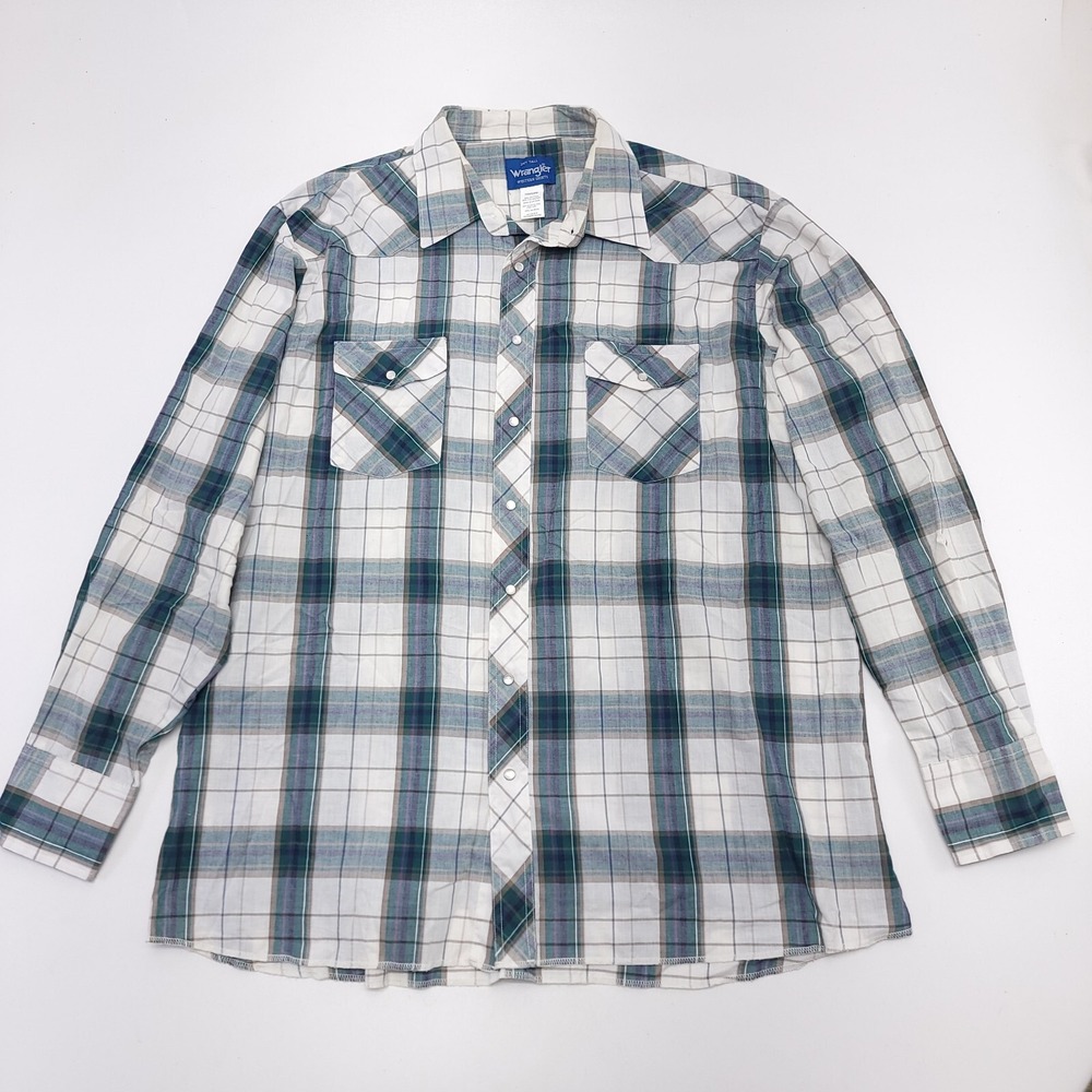 Vintage Wrangler Shirt 2XL Tall Pearl Snap Plaid Western Rodeo Cowboy